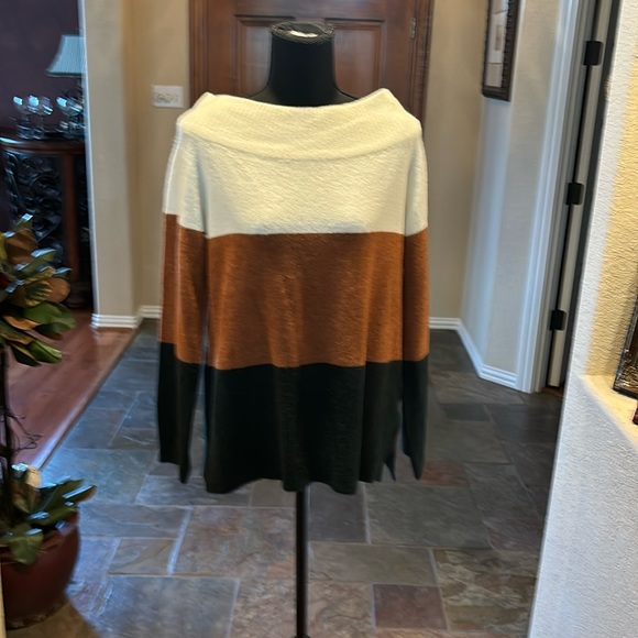 Beige, rust & black striped sweater by Andree. Size L. NWT - Picture 1 of 2